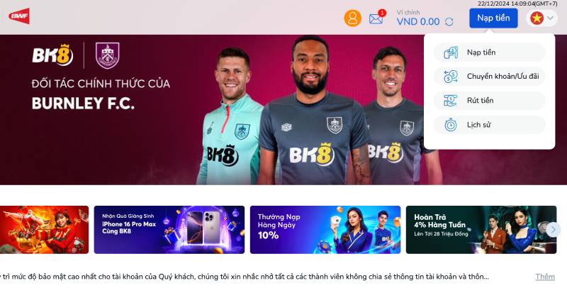 Hướng Dẫn Chi Tiết Nạp Tiền BK8 Với Nhiều Phương Thức 4 Truy cập vào mục “Nạp Tiền”